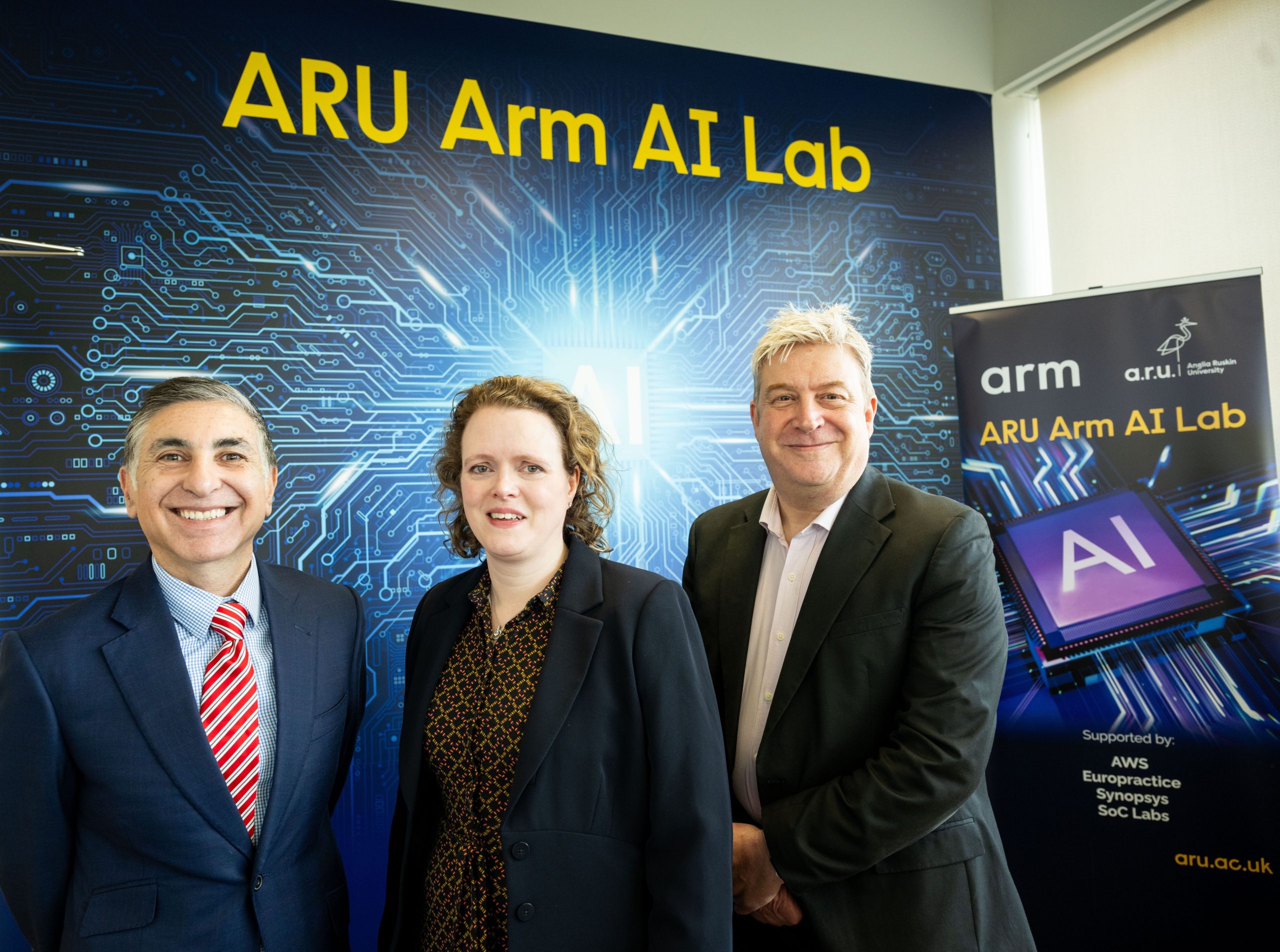 ARU Arm AI Lab official opening - Robert Iannello (pictured left) and Dr Rebecca Ellis of Arm, with Professor Laurie Butler of ARU